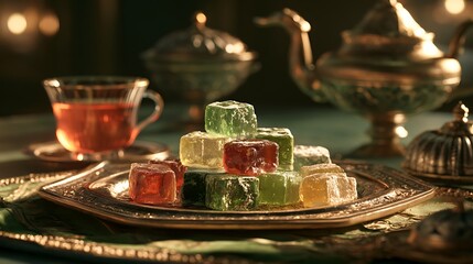 Fototapeta premium Turkish delight cubes on an ornate silver tray with tea