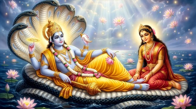 Beautiful traditional art style of Lord Vishnu and Goddess Laxmi seated on Sheshnag with floating lotus flowers in a divine ocean.