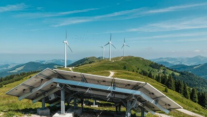 Fototapeta premium Rear view of ground mounted solar panel structure on green mountain ridge with wind turbines under bright blue sky, combined solar and wind renewable energy power station in high alpine landscape vie