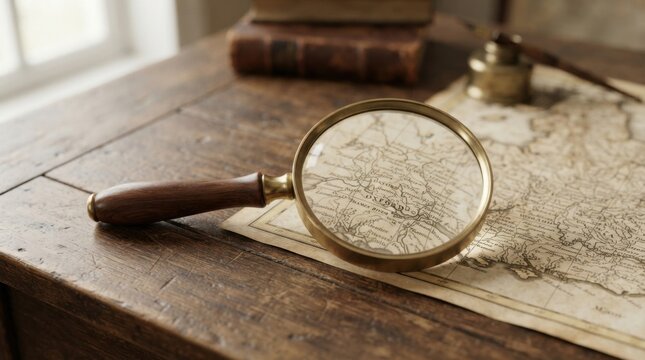 Antique Map and Magnifying Glass on Wooden Desk for History Research Concept