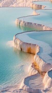 stunning white travertine thermal pools with turquoise mineral water in pamukkale