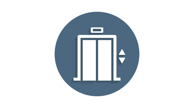 Minimalist elevator icon featuring white graphic design elements set against a deep blue circular button frame