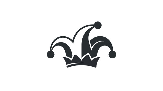 Minimalist black and white jester hat icon with sharp graphic lines and smooth rounded bells