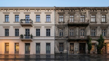 Fototapeta premium The facade of an old European building with balconies and stucco detail glows in warm evening light — historic architecture, old town, Historic Facade Restoration