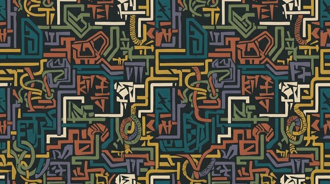 Abstract Geometric Seamless Pattern with Colorful Maze Linear Design