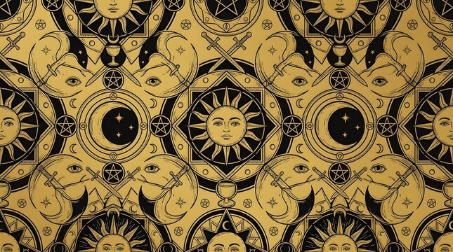Gold and Black Esoteric Tarot Seamless Pattern with Celestial Motifs