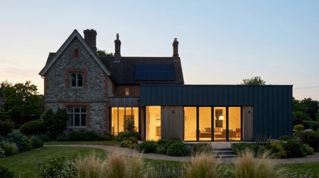 A historic stone house with a contemporary glass extension glows at dusk &mdash; heritage preservation, adaptive reuse, architectural reinterpretation