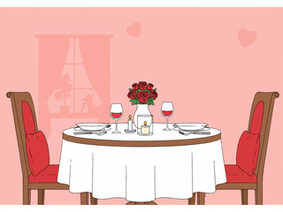 Obraz premium Elegant dining table set with red chairs and floral centerpiece.