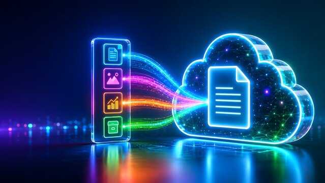 Glowing digital cloud connected to a smartphone interface with data icons. Concept of mobile cloud computing and file synchronization.