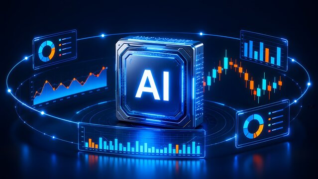 Glowing artificial intelligence microchip surrounded by digital financial charts. Concept of algorithmic trading and business data analysis.