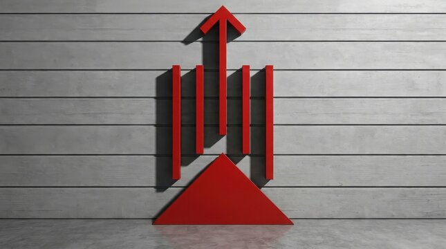 Red arrow pointing up from a triangle shape against a concrete wall