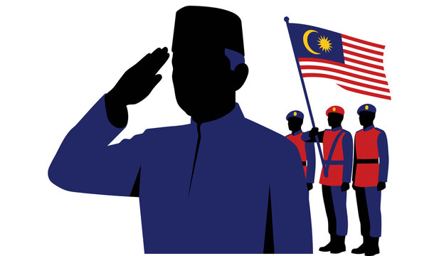 Malaysian man saluting with national flag and soldiers for independence day celebration vector illustration