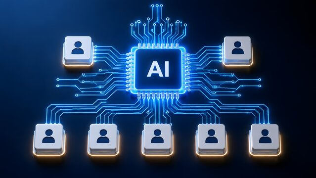 Glowing artificial intelligence microchip connected to user icons via circuit lines. Concept of automated network management and digital human resources.