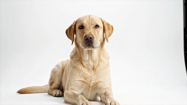 Friendly Labrador retriever sits on a clean white studio background with generous advertising copy space.