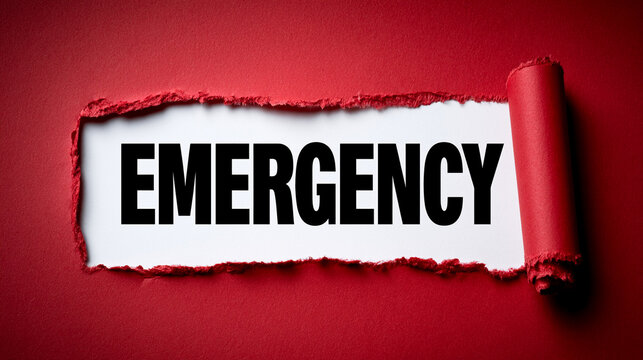 The word emergency written in black letters on a white paper strip revealed by tearing a red paper background