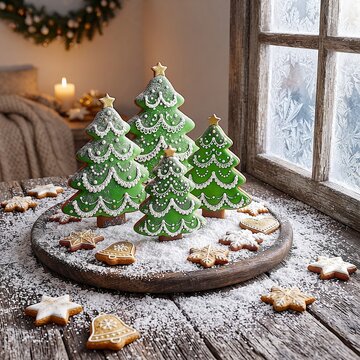 Christmas Gingerbread Cookies Shaped Like Trees on Wooden Stand by Frosted Window
