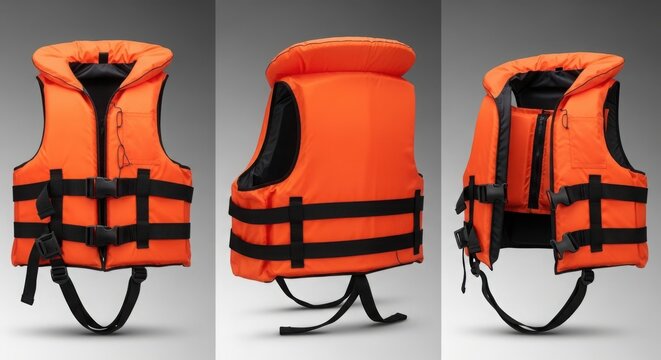 Orange life jacket with black straps and buckles illustration