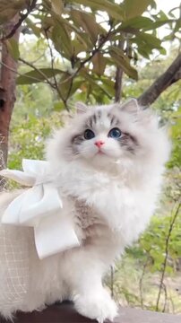 Fluffy white ragdoll cat with bright blue eyes wearing a large decorative bow captures attention in this charming high definition motion video clip for social media.