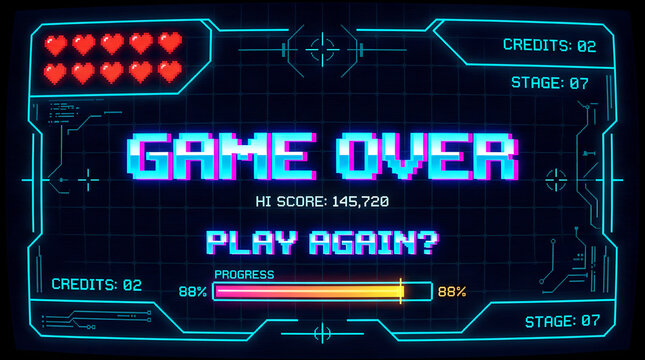 A pixelated retro arcade 'GAME OVER' screen with a futuristic digital interface, showing hearts, score, and play again prompt.
