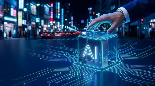 Businessman hand touching a glowing AI cube with circuit lines against a blurred night city background. Concept of artificial intelligence and digital transformation