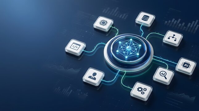 Glowing central digital network hub connected to various technology and business icons. Concept of artificial intelligence integration and data processing workflow.