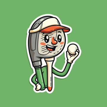 Happy golf club character holding a white golf ball