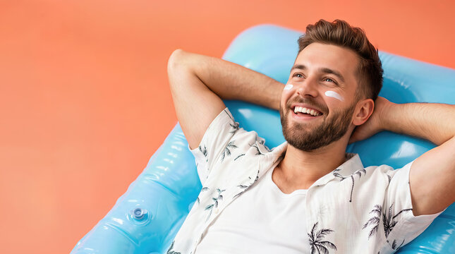 Young man with beard relaxing on inflatable pool float, wearing tropical shirt and sunscreen, smiling against a vibrant orange background in a summer setting