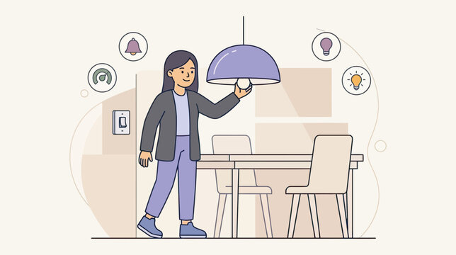 A person changing a lightbulb while smart home icons float around showing innovation and technology