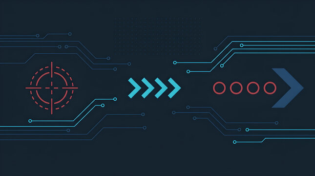Digital process flow with target icon, chevron arrows, and data points on a circuit board background, representing data analysis or security.