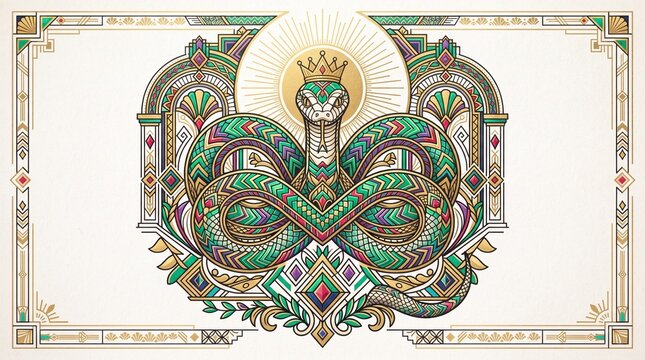 Art deco ornamental double green snake infinity symbol with golden crown and decorative border