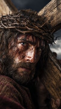 Jesus Christ wearing crown of thorns carrying heavy wooden cross