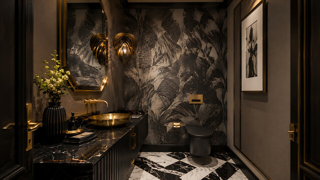 Modern luxury powder room, statement wallpaper