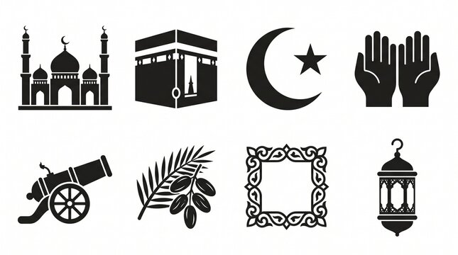 Set of 8 black Islamic vector icons: mosque, Kaaba, crescent, praying hands, cannon, dates, frame, and lantern.