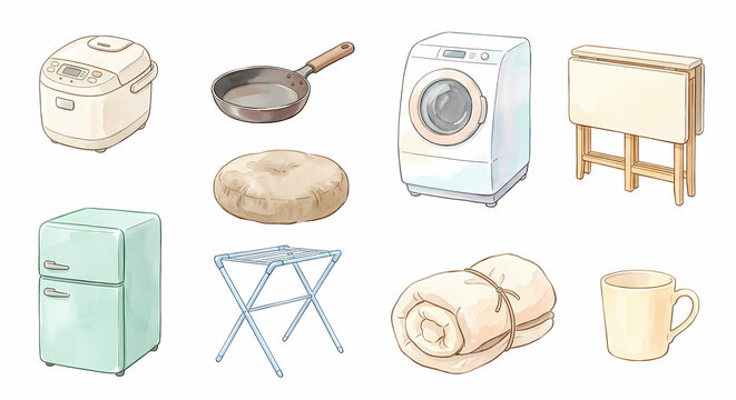 単身赴任と一人暮らしの生活用品 アイコンセット 水彩