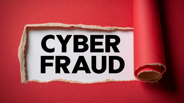 Cyber fraud concept, text on white paper revealed by torn red paper background