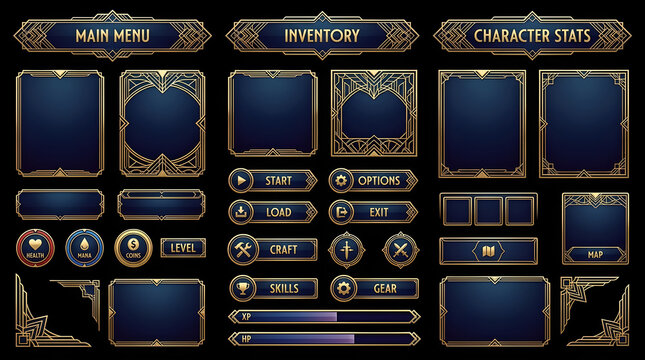 Ornate fantasy game UI elements with gold borders and dark blue backgrounds, including menus, buttons, frames, and progress bars for RPG interfaces.