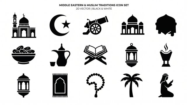 15 black and white vector icons of Middle Eastern and Islamic traditions, featuring a mosque, crescent star, Quran, lanterns, prayer mat, dates, teapot, tasbih, palm tree, and praying man.