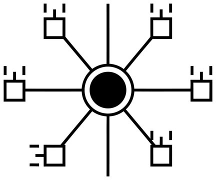 Minimalist network diagram icon, black and white star topology graphic, central hub with connected nodes for data infrastructure