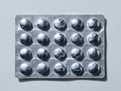 Silver blister pack with round pills on light grey background