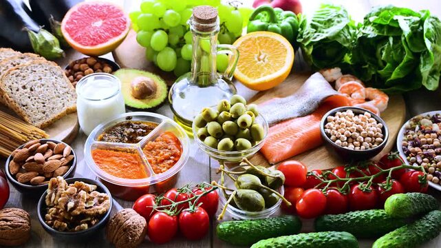 Food products representing the Mediterranean diet