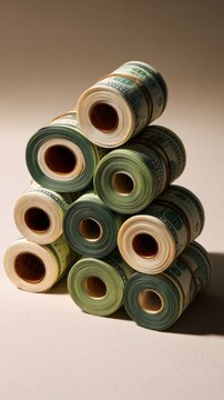 Pyramid stack of rolled US dollar bills on neutral background