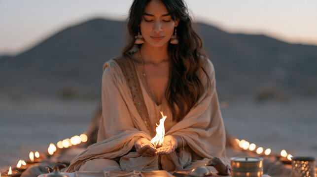 Palm reader seated alone in an empty desolate field at dusk with a row of Diwali diyas lit along a blanket edge as the group of curious visitors has just departed leaving only