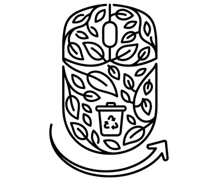 Eco-friendly computer mouse icon with leaf pattern, sustainable technology concept, recycling bin symbol for green computing