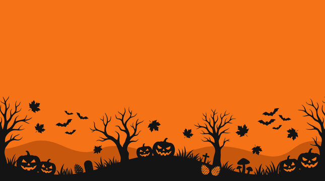 A spooky and delightful halloween scene a vector illustration featuring silhouetted trees bats and a haunted house against a vibrant orange sky