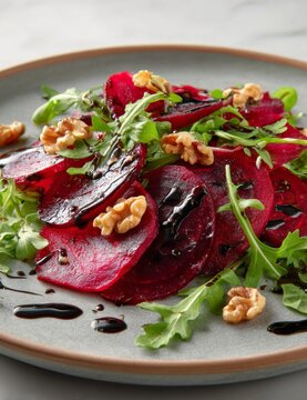 Roasted beetroot carpaccio salad with arugula walnuts and balsamic glaze