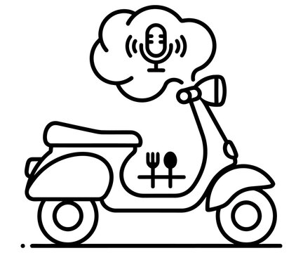 Minimalist delivery scooter icon, food delivery moped with microphone cloud, black and white line art for podcast or app branding
