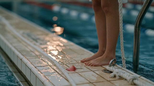 Teen lifeguard trainee stands on rain soaked pool tiles beside a closed seasonal facility, close detail on a single rose petal resting on the lane rope hook, a poetic self love