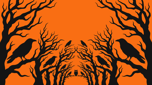 Eerie halloween nightfall a spooky vector illustration featuring silhouetted bare trees and mystical ravens against a vibrant orange sky perfect for seasonal designs