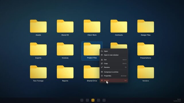File manager desktop where a selected folder burns away after choosing delete in the context menu