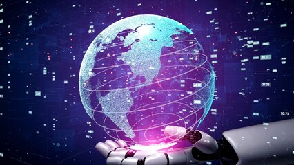 Naklejka premium A robotic hand presents a luminous digital globe, symbolizing the fusion of technology and global connectivity in an evolving data landscape. Xenic